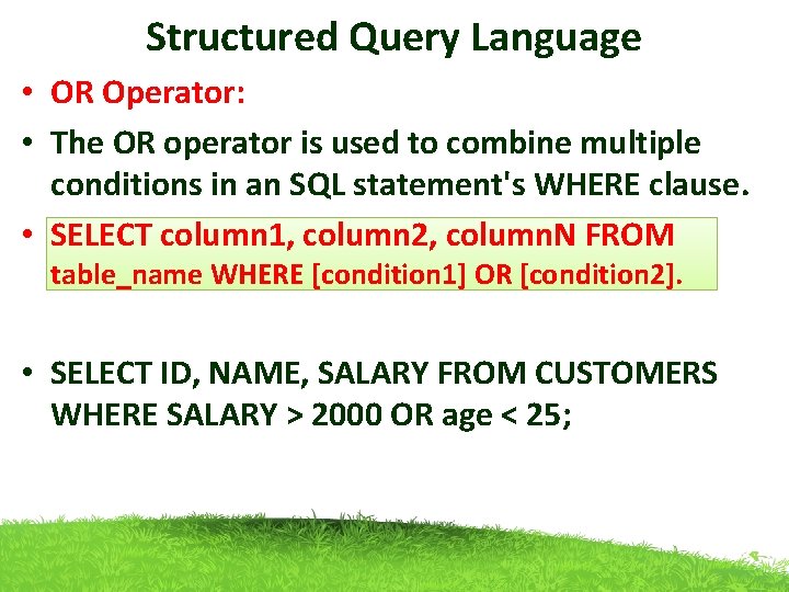 Structured Query Language • OR Operator: • The OR operator is used to combine