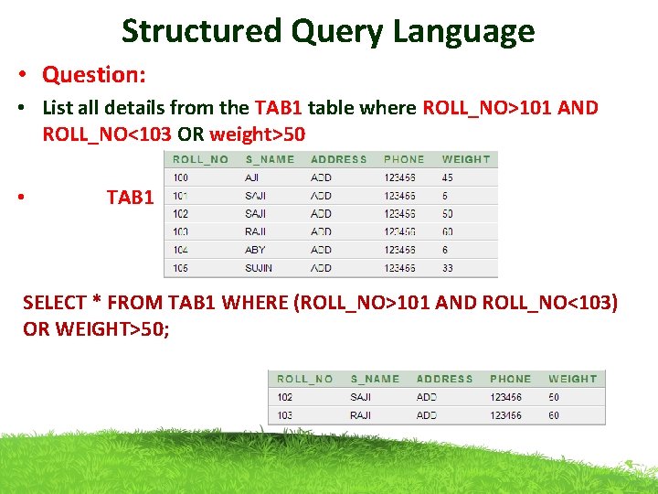 Structured Query Language • Question: • List all details from the TAB 1 table