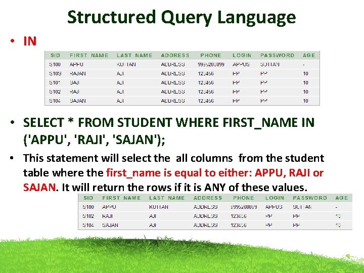 Structured Query Language • IN • SELECT * FROM STUDENT WHERE FIRST_NAME IN ('APPU',