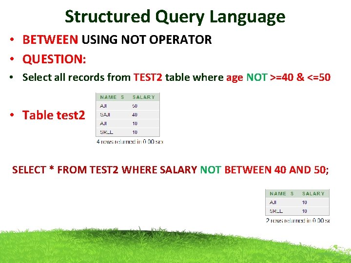 Structured Query Language • BETWEEN USING NOT OPERATOR • QUESTION: • Select all records