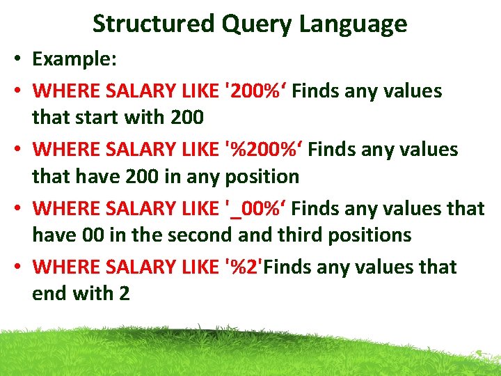 Structured Query Language • Example: • WHERE SALARY LIKE '200%‘ Finds any values that