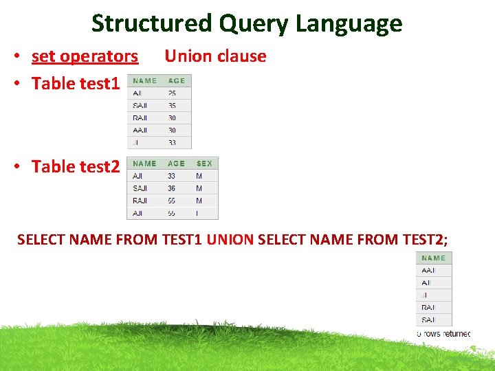 Structured Query Language • set operators Union clause • Table test 1 • Table