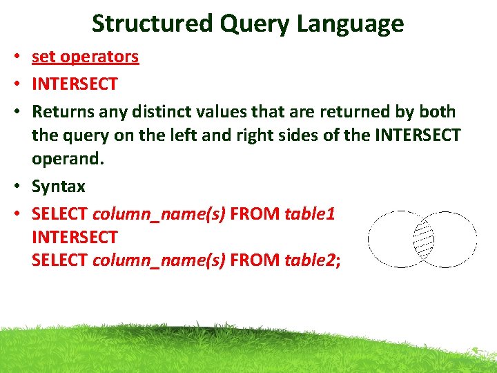 Structured Query Language • set operators • INTERSECT • Returns any distinct values that