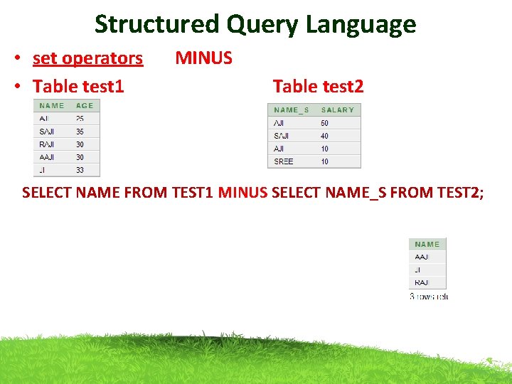 Structured Query Language • set operators MINUS • Table test 1 Table test 2