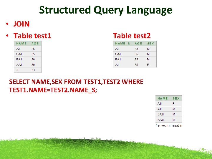 Structured Query Language • JOIN • Table test 1 Table test 2 SELECT NAME,