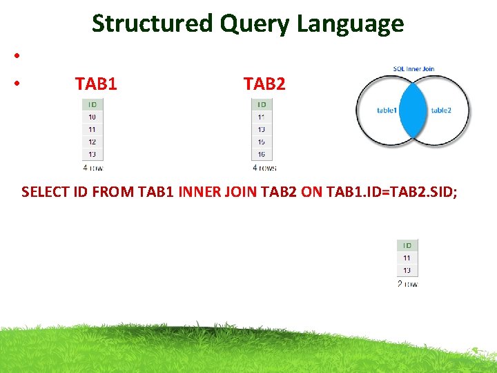 Structured Query Language • TAB 1 TAB 2 SELECT ID FROM TAB 1 INNER