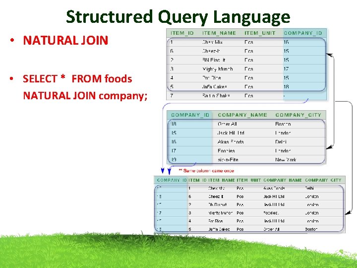 Structured Query Language • NATURAL JOIN • SELECT * FROM foods NATURAL JOIN company;