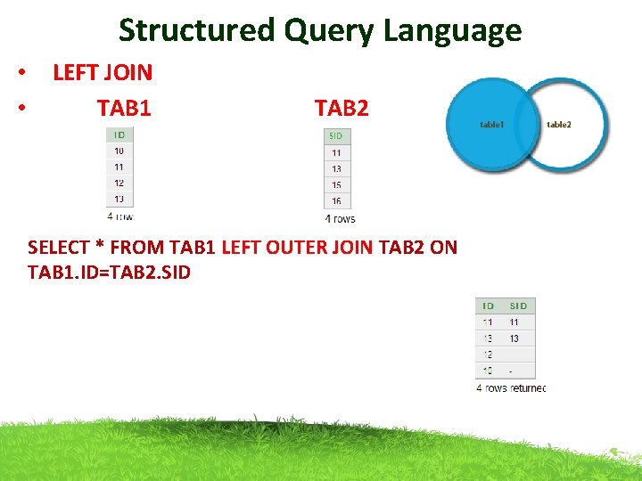 Structured Query Language • LEFT JOIN • TAB 1 TAB 2 SELECT * FROM