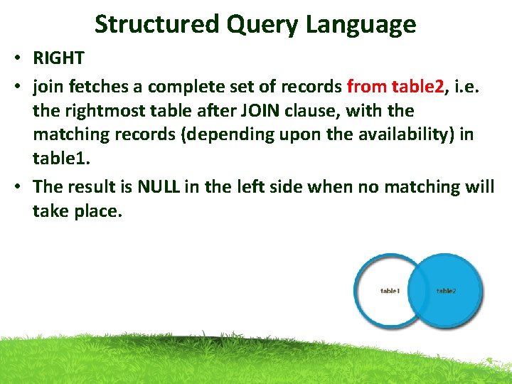 Structured Query Language • RIGHT • join fetches a complete set of records from