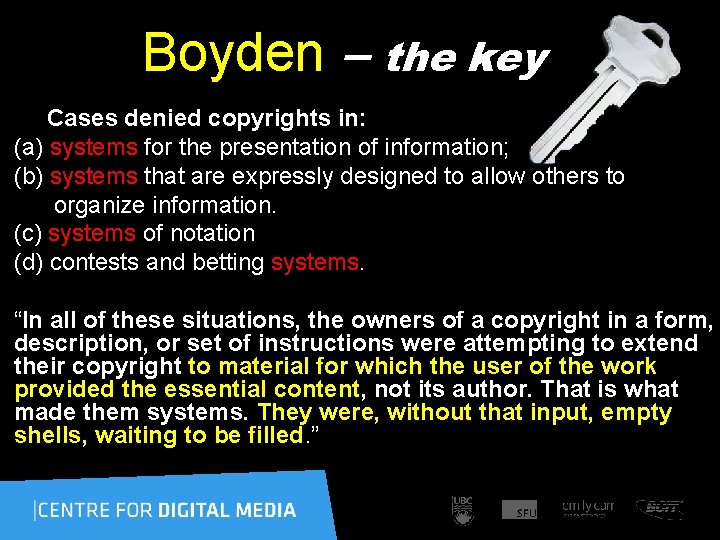  Boyden – the key Cases denied copyrights in: (a) systems for the presentation