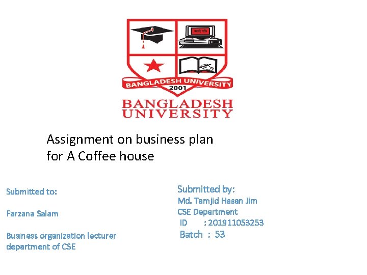 Assignment on business plan for A Coffee house Submitted to: Farzana Salam Business organization