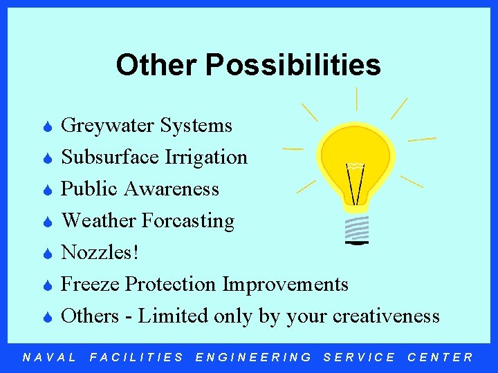 Other Possibilities S S S S Greywater Systems Subsurface Irrigation Public Awareness Weather Forcasting