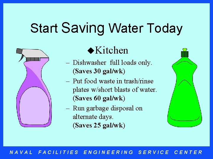 Start Saving Water Today u. Kitchen – Dishwasher full loads only. (Saves 30 gal/wk)