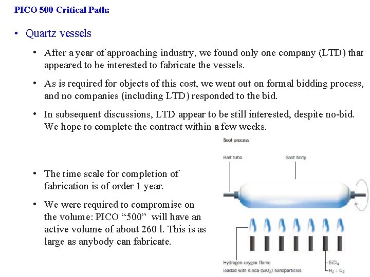 PICO 500 Critical Path: • Quartz vessels • After a year of approaching industry,