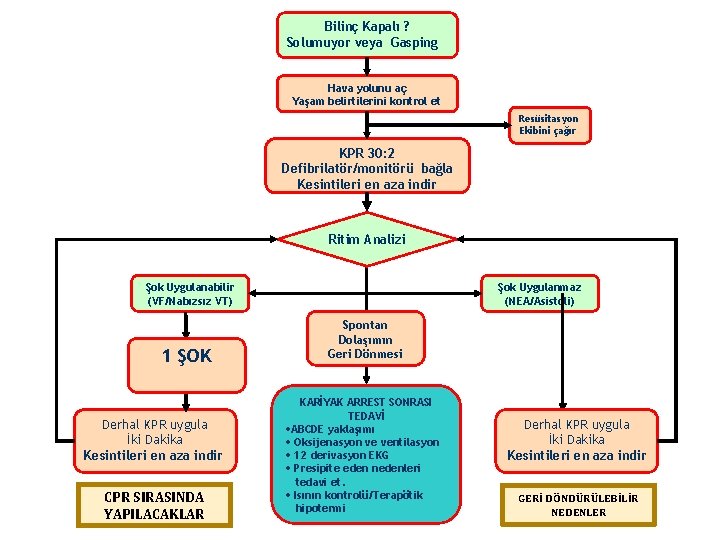 Bilinç Kapalı ? Solumuyor veya Gasping Hava yolunu aç Yaşam belirtilerini kontrol et Resüsitasyon Bilinç Kapalı ? Solumuyor veya Gasping Hava yolunu aç Yaşam belirtilerini kontrol et Resüsitasyon