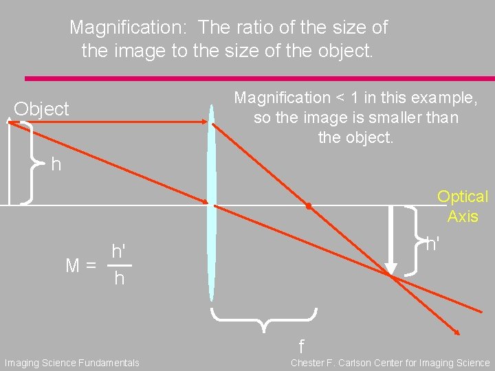 Magnification: The ratio of the size of the image to the size of the