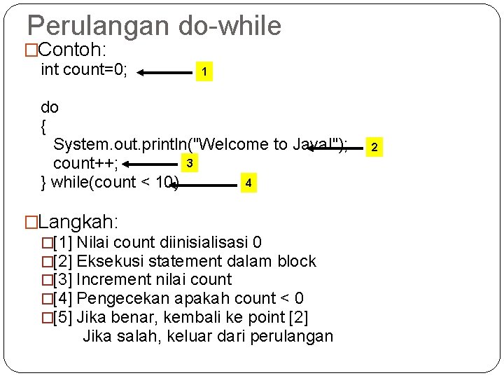 Perulangan do-while �Contoh: int count=0; 1 do { System. out. println("Welcome to Java!"); 3