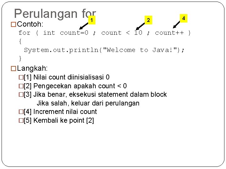 Perulangan for � Contoh: 1 2 4 for ( int count=0 ; count <