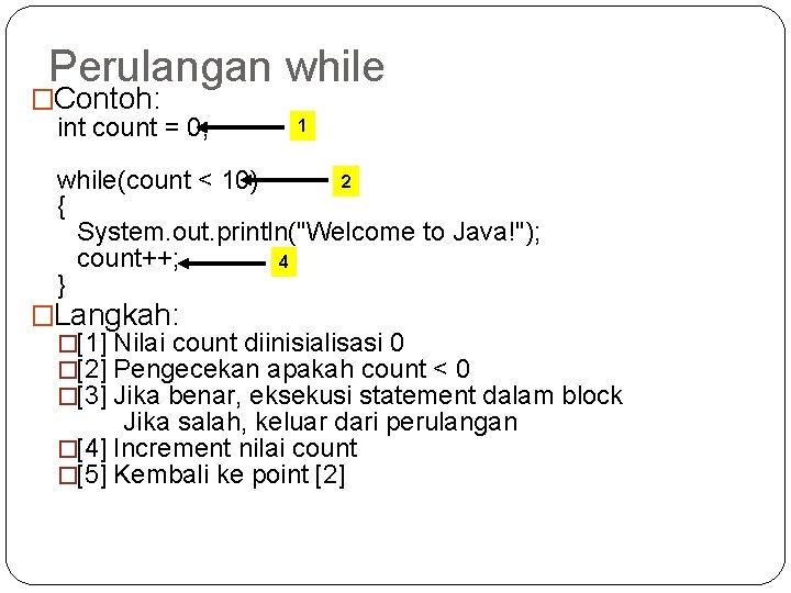 Perulangan while �Contoh: int count = 0; 1 2 while(count < 10) { System.