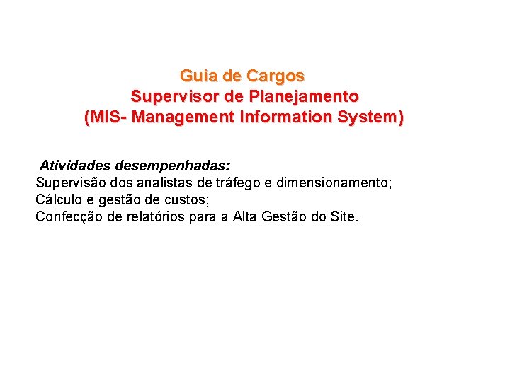 Guia de Cargos Supervisor de Planejamento (MIS- Management Information System) Atividades desempenhadas: Supervisão dos