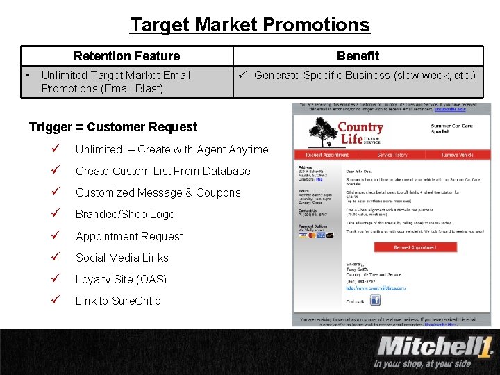 Target Market Promotions Retention Feature • Unlimited Target Market Email Promotions (Email Blast) Benefit