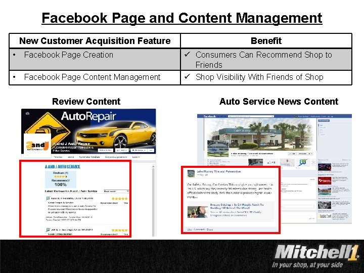 Facebook Page and Content Management New Customer Acquisition Feature • Facebook Page Creation •