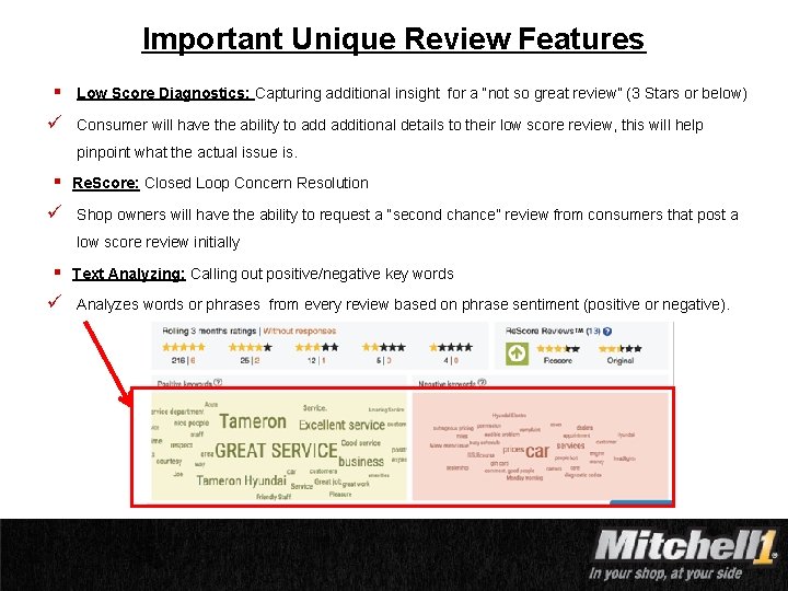 Important Unique Review Features § ü Low Score Diagnostics: Capturing additional insight for a