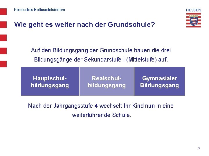 Hessisches Kultusministerium Wie geht es weiter nach der Grundschule? Auf den Bildungsgang der Grundschule