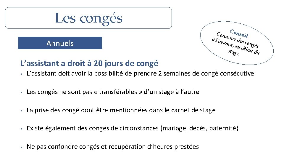 Les congés Annuels C Conv onseil. à l’av enir des c ance , au