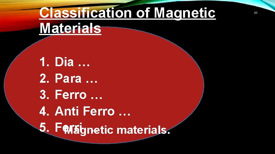 Classification of Magnetic Materials 1. 2. 3. 4. 5. Dia … Para … Ferro