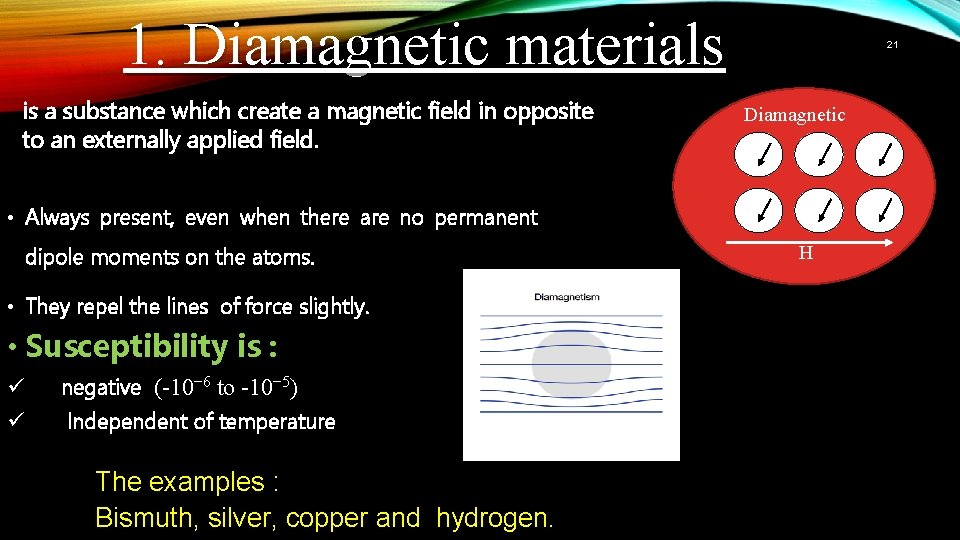 1. Diamagnetic materials is a substance which create a magnetic field in opposite to