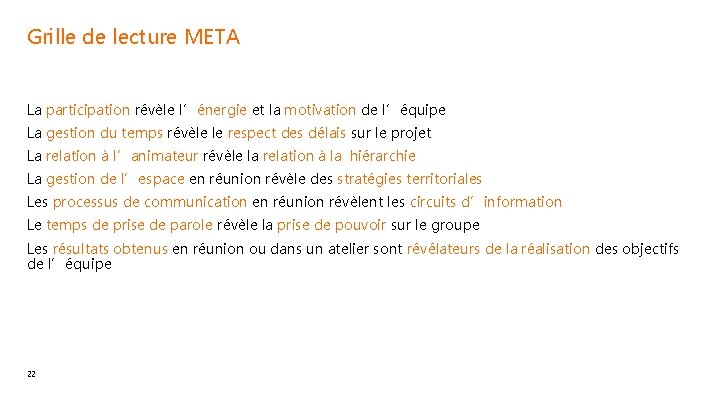 Grille de lecture META La participation révèle l’énergie et la motivation de l’équipe La