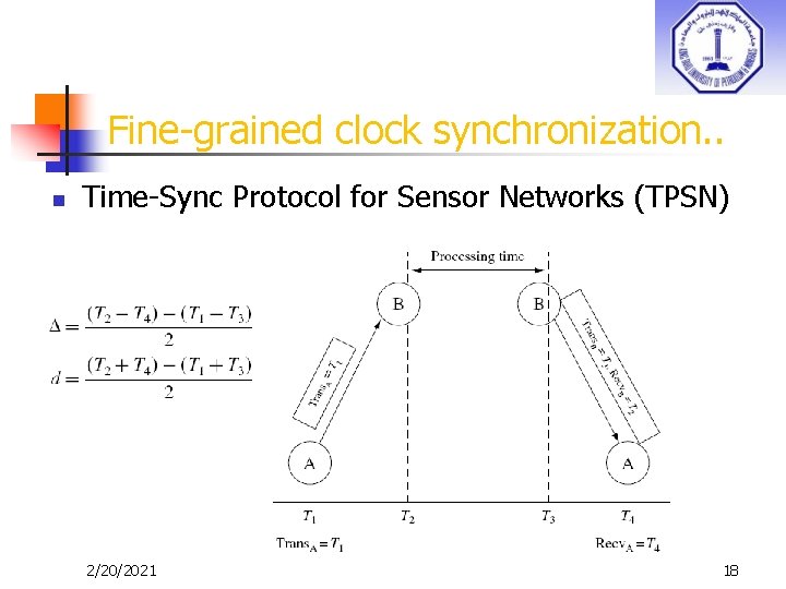 Fine-grained clock synchronization. . n Time-Sync Protocol for Sensor Networks (TPSN) 2/20/2021 18 