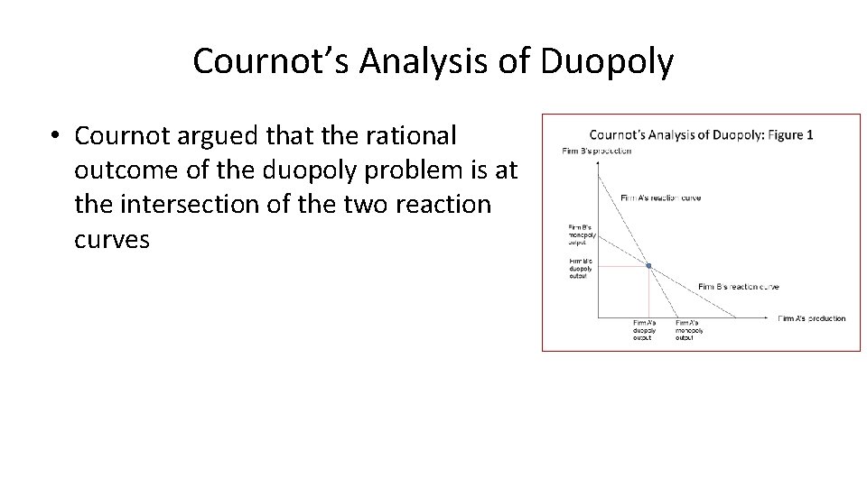 Cournot’s Analysis of Duopoly • Cournot argued that the rational outcome of the duopoly