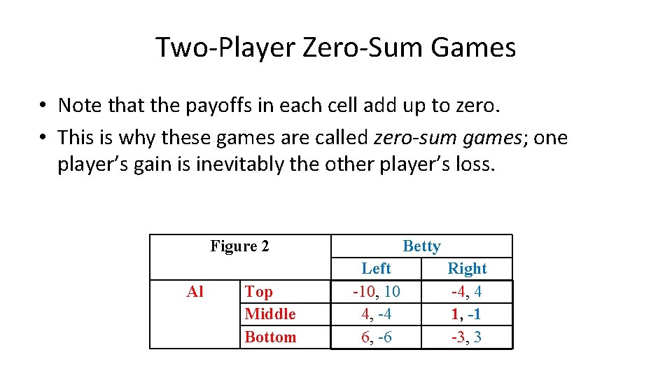 Two-Player Zero-Sum Games • Note that the payoffs in each cell add up to