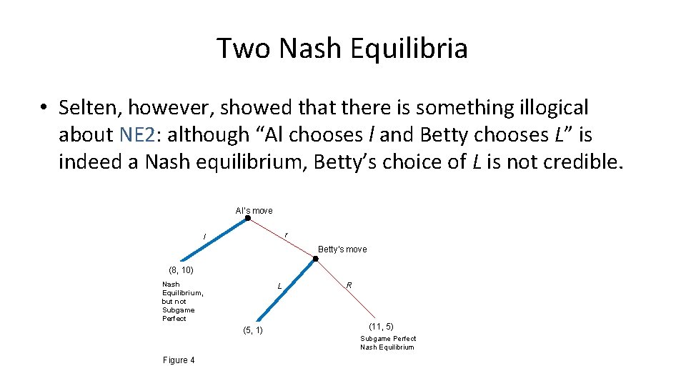 Two Nash Equilibria • Selten, however, showed that there is something illogical about NE