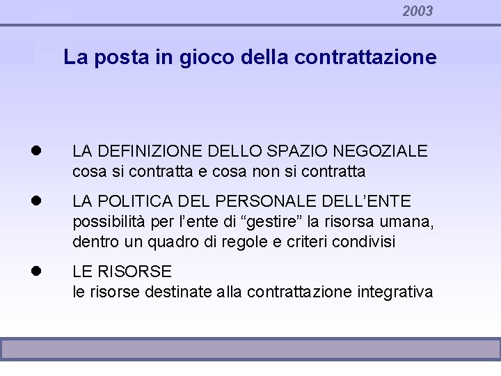 2003 La posta in gioco della contrattazione l LA DEFINIZIONE DELLO SPAZIO NEGOZIALE cosa