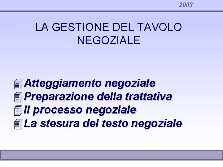 2003 LA GESTIONE DEL TAVOLO NEGOZIALE 4 Atteggiamento negoziale 4 Preparazione della trattativa 4