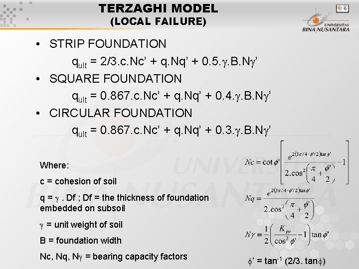 TERZAGHI MODEL (LOCAL FAILURE) • STRIP FOUNDATION qult = 2/3. c. Nc’ + q.