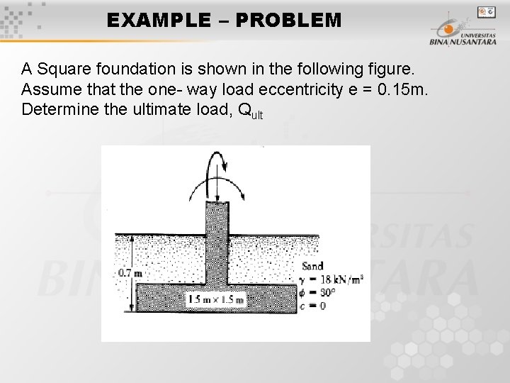 EXAMPLE – PROBLEM A Square foundation is shown in the following figure. Assume that
