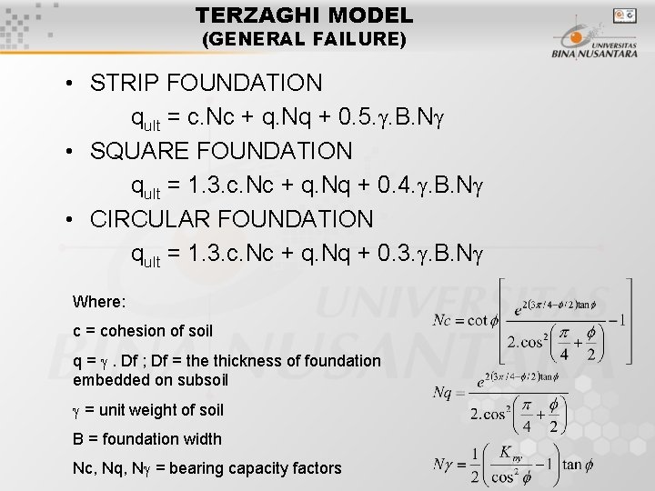 TERZAGHI MODEL (GENERAL FAILURE) • STRIP FOUNDATION qult = c. Nc + q. Nq