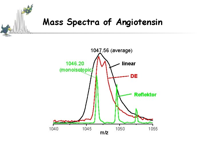 Mass Spectra of Angiotensin 1047. 56 (average) 1046. 20 (monoisotopic) linear DE Reflektor 1040 Mass Spectra of Angiotensin 1047. 56 (average) 1046. 20 (monoisotopic) linear DE Reflektor 1040