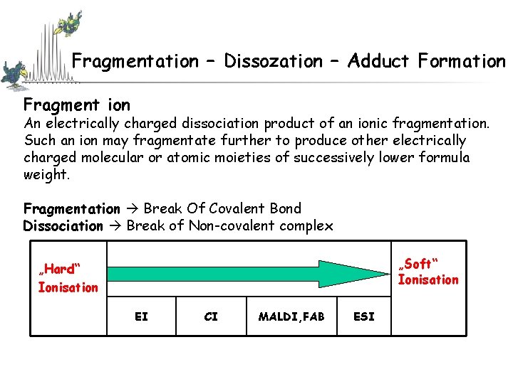 Fragmentation – Dissozation – Adduct Formation Fragment ion An electrically charged dissociation product of Fragmentation – Dissozation – Adduct Formation Fragment ion An electrically charged dissociation product of