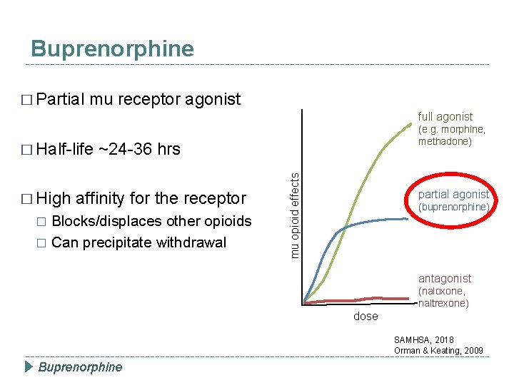 Buprenorphine � Partial mu receptor agonist full agonist (e. g. morphine, methadone) � High