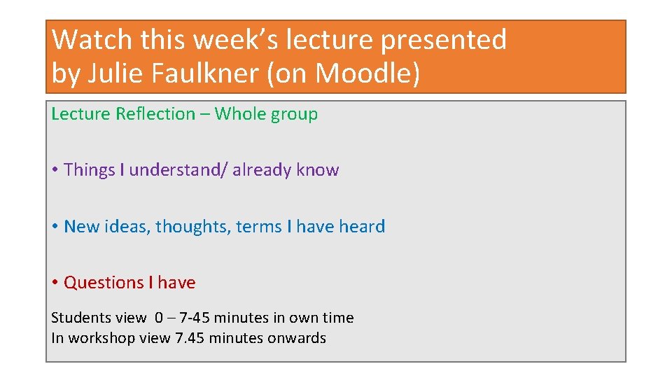 Watch this week’s lecture presented by Julie Faulkner (on Moodle) Lecture Reflection – Whole