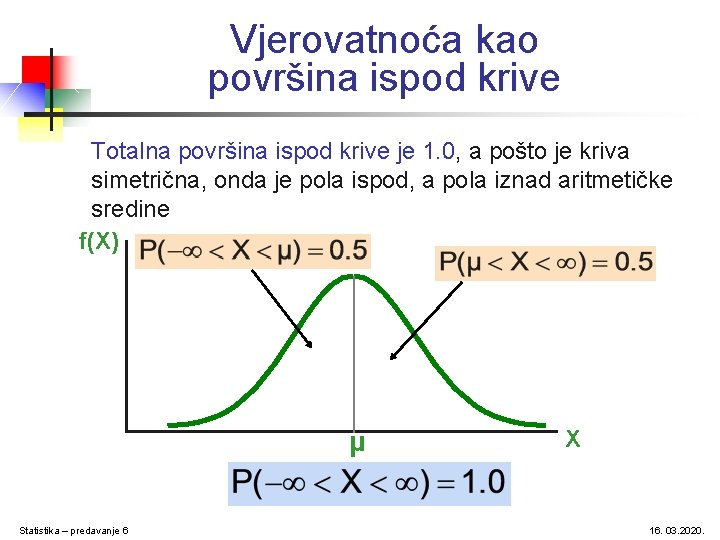 Vjerovatnoća kao površina ispod krive Totalna površina ispod krive je 1. 0, a pošto