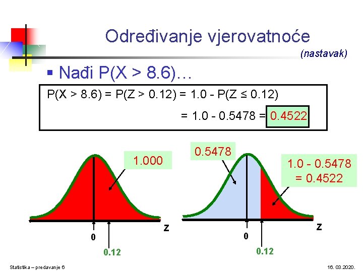 Određivanje vjerovatnoće (nastavak) § Nađi P(X > 8. 6)… P(X > 8. 6) =