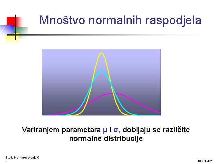 Mnoštvo normalnih raspodjela Variranjem parametara μ i σ, dobijaju se različite normalne distribucije Statistika