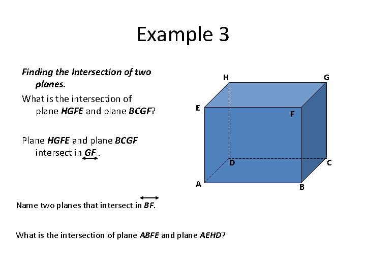 Example 3 Finding the Intersection of two planes. What is the intersection of plane