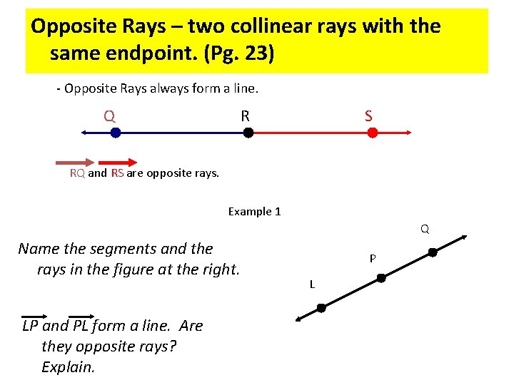 Opposite Rays – two collinear rays with the same endpoint. (Pg. 23) - Opposite